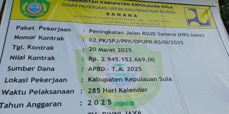 Sempat Dituding Korupsi, Papan Proyek Peningkatan Jalan RSUD Sanana Hanya Nyender 3 Bulan