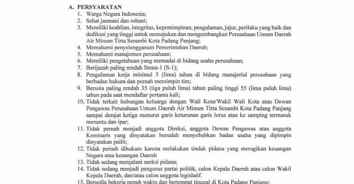 Seleksi Direksi Perumdam Tirta Serambi oleh Pemko Padang Panjang Dibuka